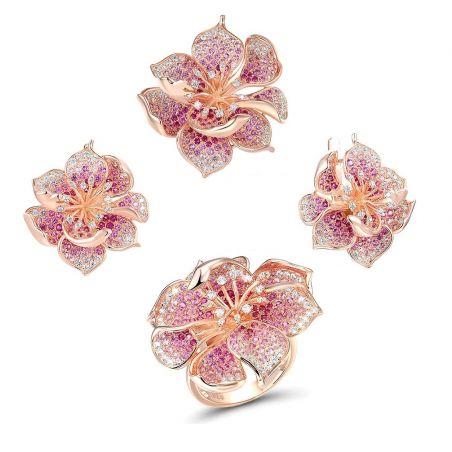 Pink Blooming Flower Sterling Silver Jewelry Set 