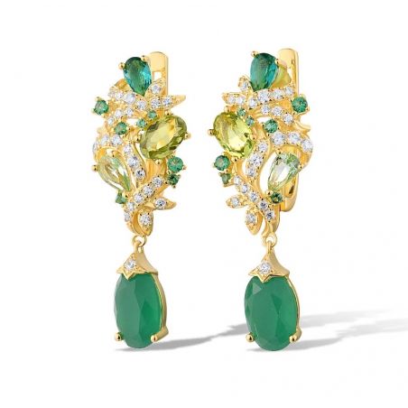 Sparkling Green Gemstones Gold Color Drop Sterling SIlver Earrings 