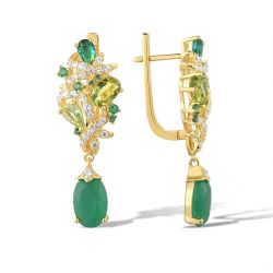 Sparkling Green Gemstones Gold Color Drop Sterling SIlver Earrings 