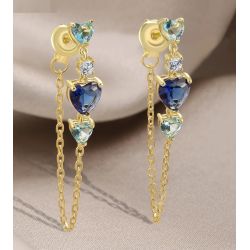 Blue Heart Stones Long ChainSterling Silver Earrings 