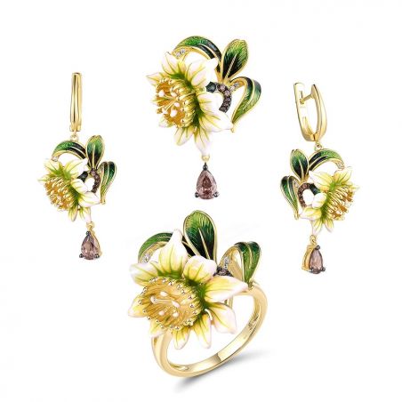 Enamel Flowers Pendant Earrings Ring Gold plated Sterling silver 