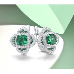 Sparkling Square Green Spinel White Zircon Flower Ring Earring