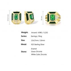 Fine Jewelry Handmade Enamel Green Stones White CZ Earrings Ring Set