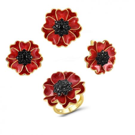 Black Spinel Red Blossom Sun Flower Pendant Earrings Ring Enamel Fine Jewelry