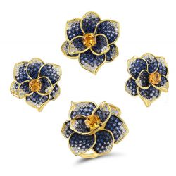 925 Sterling Silver Blue Spinel Yellow Crystal Flower Set 
