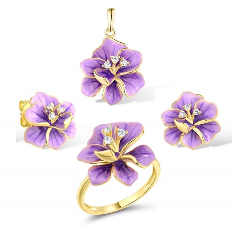 Delicate Purple Flower Enamel Sterling silver set 
