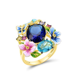 Blue stone Colorful Cocktail Gold plated Silver ring