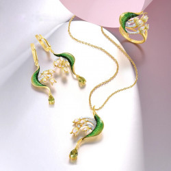 Green Gems White zirconia Enamel Flower Delicate Handmade set