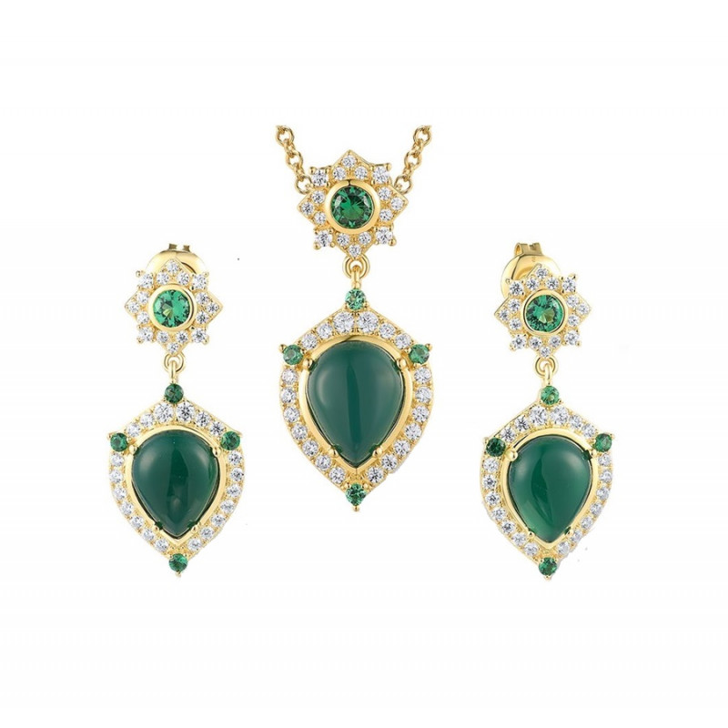Dyed Green Agate Pendant Earrings Silver set