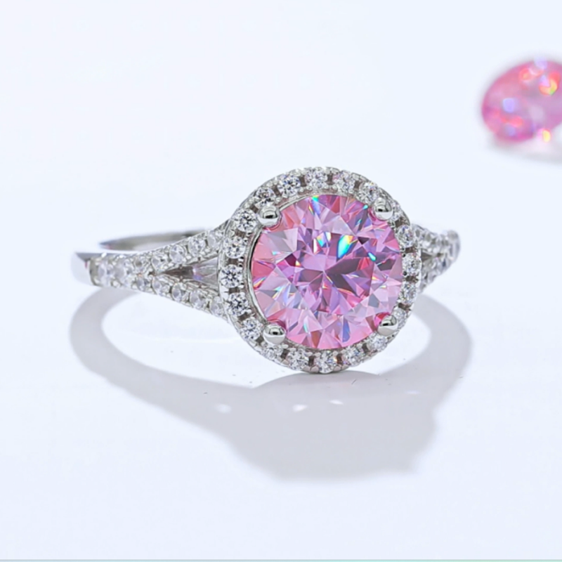 Round Pink 2ct moissanite gold plated silver  ring