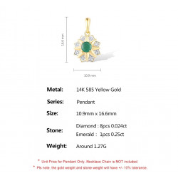 Real 14K 585 Yellow Gold Sparkling Emerald Diamond Star Pendant