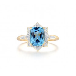 14K 585 Yellow Gold Swiss Blue Topaz Sparkling Diamond Ring