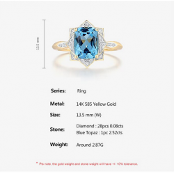 14K 585 Yellow Gold Swiss Blue Topaz Sparkling Diamond Ring