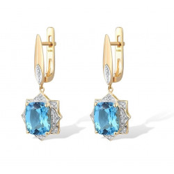 14K 585 Yellow Gold Swiss Blue Topaz Sparkling Diamond Earring