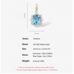 14K 585 Yellow Gold Swiss Blue Topaz Sparkling Diamond Pendant