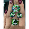 Green Bamboo Leaves Dazzling Earrings Silver Ring Set