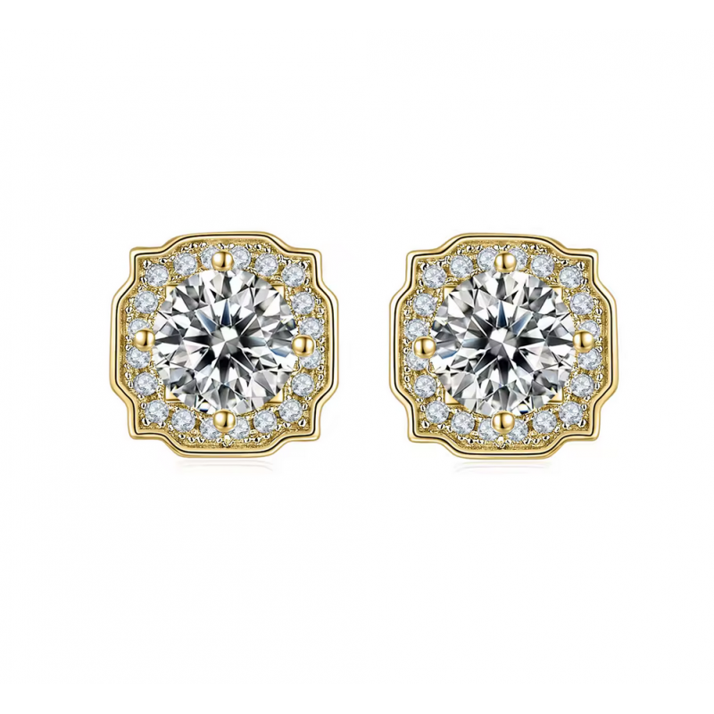 Square 14K,18K Yellow Gold  Moissanite Diamond Stud Earrings