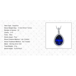 Created Blue Sapphire 12ct Huge Pear 925 Sterling Silver Jewelry set