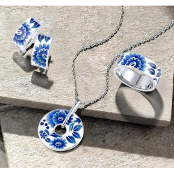 Blue Flower Enamel Earrings Ring Pendant Sterling Silver set