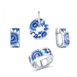 Blue Flower Enamel Earrings Ring Pendant Sterling Silver set