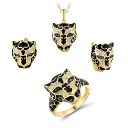 Leopard Blue Nano White Zircon Black Enamel Sterling Silver jewelry set