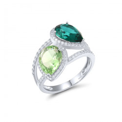 Pear shape Green White Cubic Zircon Sterling Silver Ring