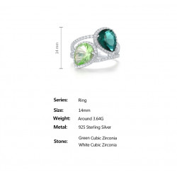 Pear shape Green White Cubic Zircon Sterling Silver Ring