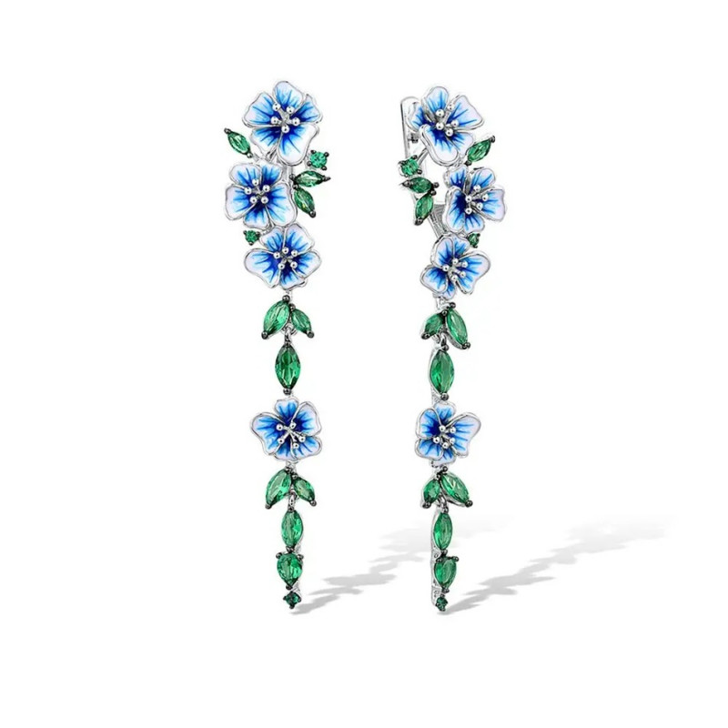Blue Enamel flower 925 Sterling Silver Earrings