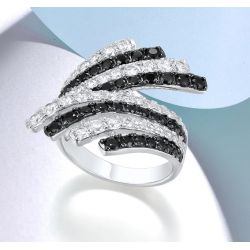 Pure 925 Sterling Silver Sparkling Black Spinel White CZ Feather Ring