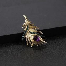 S925 Sterling Silver Amethyst Emerald stone Feather Brooch