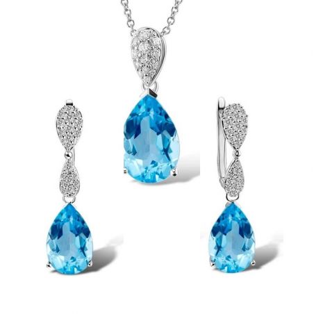  Sky Blue Crystal Stones Drop Earring Pendant Set 925 Sterling Silver