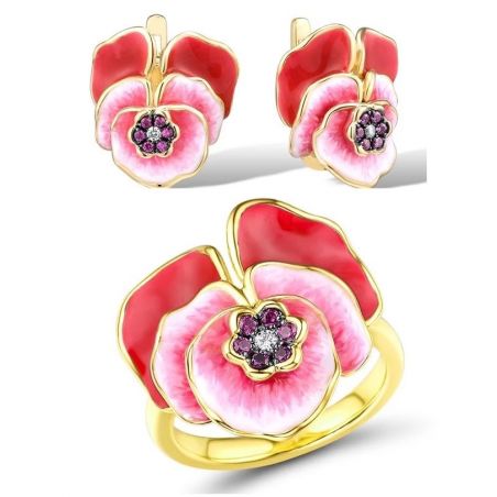 925 Sterling Silver Red Blooming Flower Earrings Ring Set